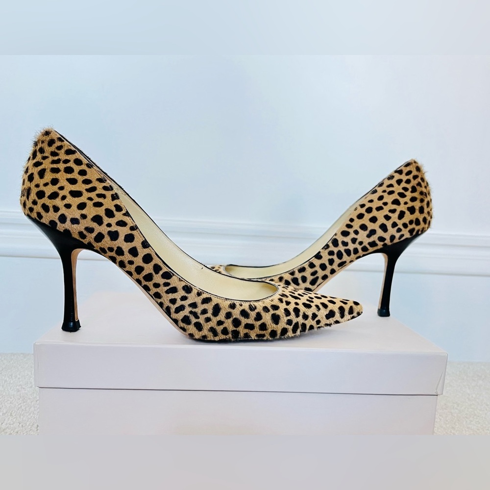 Jimmy Choo Leopard Pumps Heels, Calf Hair sz 38 1/2, 3 1/2 heel, Orig Box V NICE